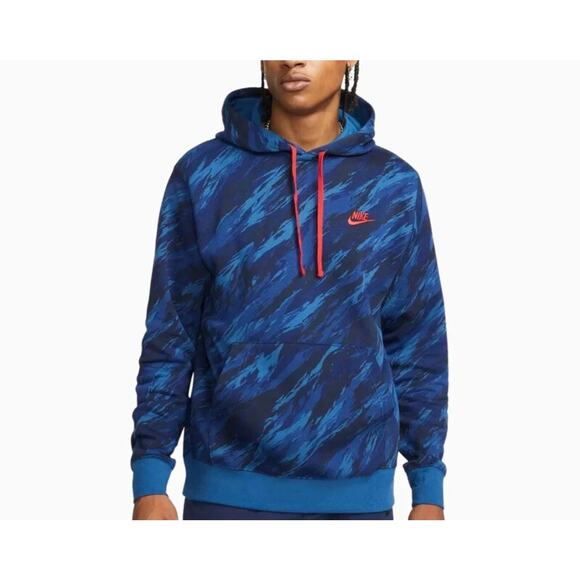Nike Sportswear Club Fleece Sport Essentials Blue Camo Pullover Hoodie Red Logo - Picture 1 of 6